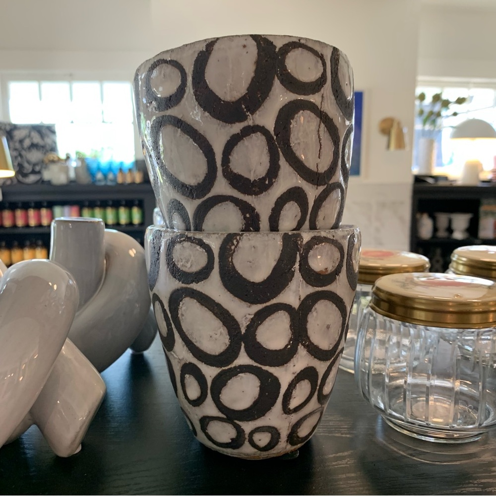 Contemporary modern cache pot/ planter black mod dots cement container